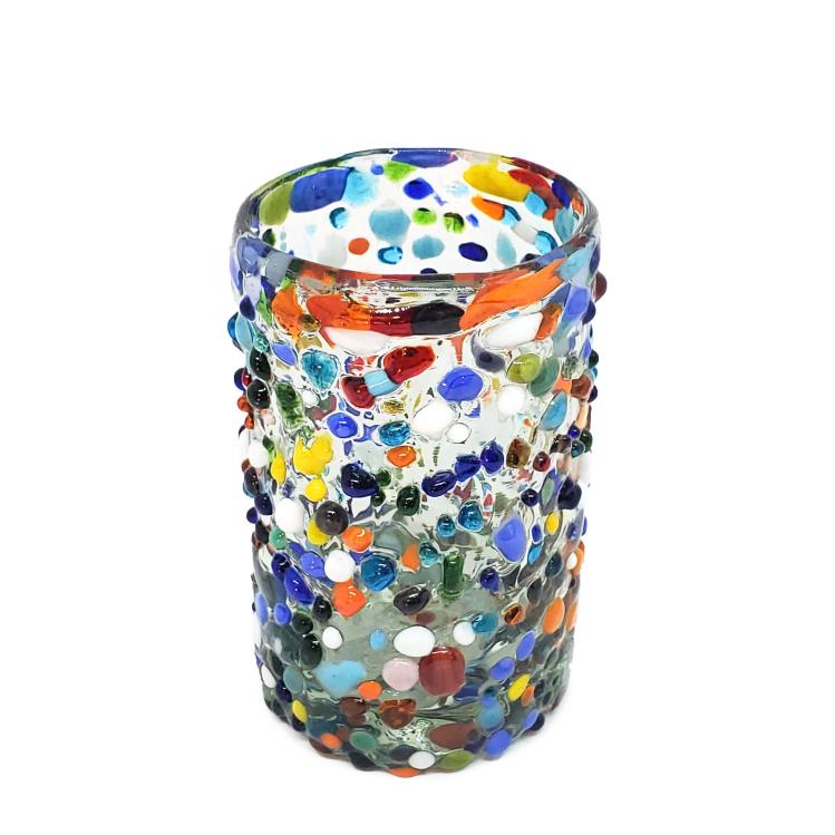VIDRIO SOPLADO al Mayoreo / vasos Jugo 9oz Confeti granizado / Deje entrar a la primavera en su casa con ste colorido juego de vasos. El decorado con vidrio multicolor los hace resaltar en cualquier lugar.